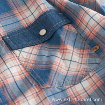 Men's Denim Patchwork Plaid Short Sleeve Shirt
